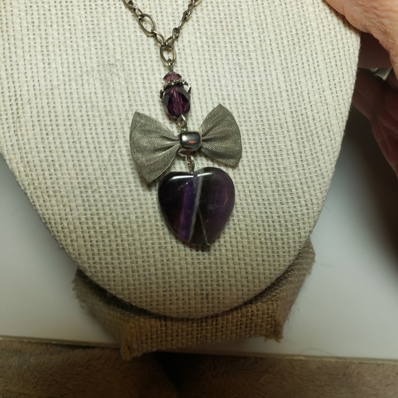 Vintage Amethyst Heart with Silver Mesh Bow Necklace on Sterling - Picture 7 of 14